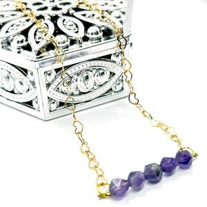 NWOT Genuine amethyst, bar necklace, hearts chain Stainless Steel